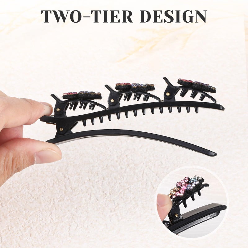 Qiuruoo Sparkling Crystal Stone Braided Hair Clips,Hairpin Duckbill Clips with 3 Small Pearl Hairpin,Flower Pearls Hair Accessories for Women(8PCS) - Image 3